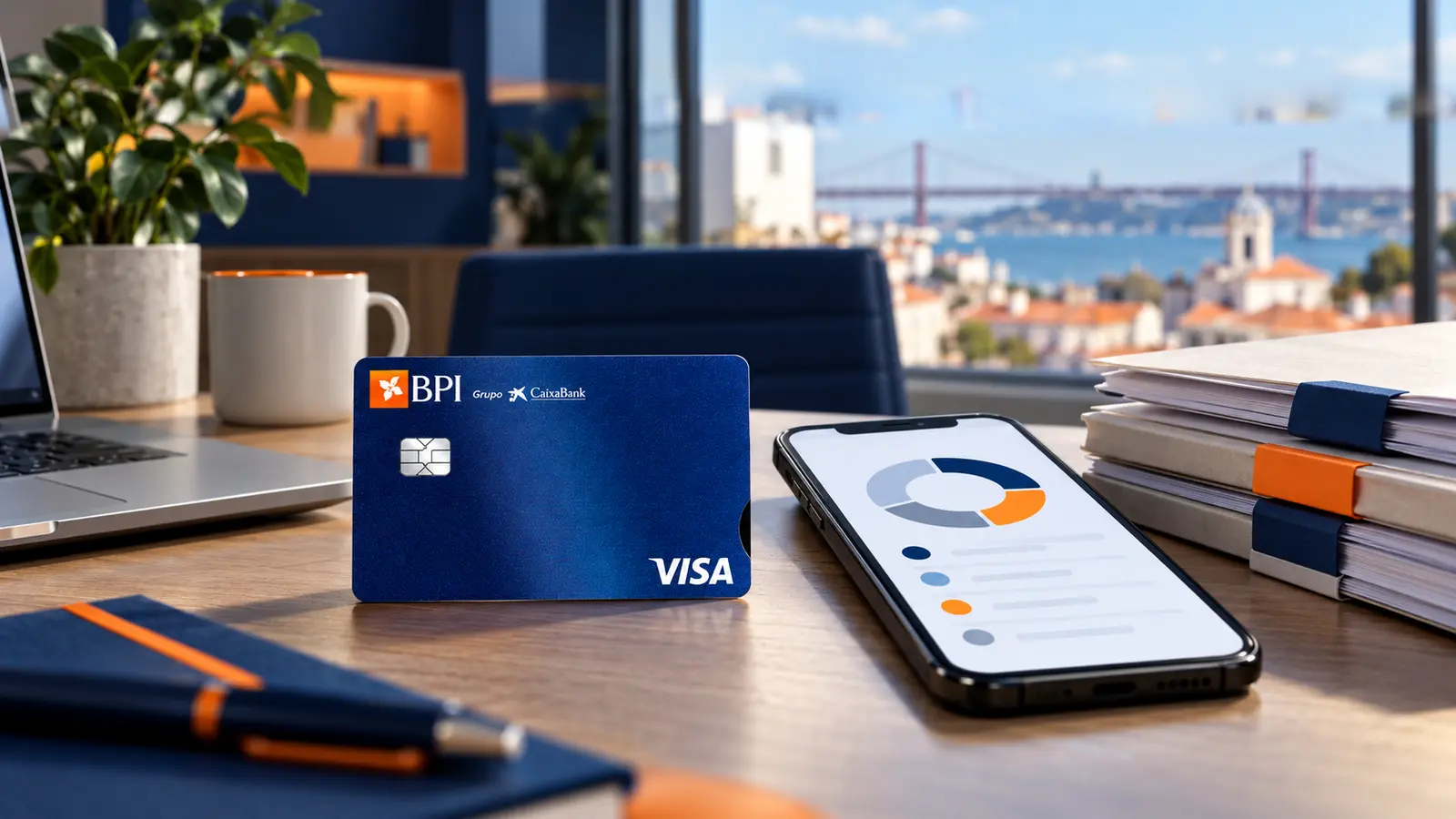Cartão BPI Now junto a telemóvel e dossiers de despesas mensais