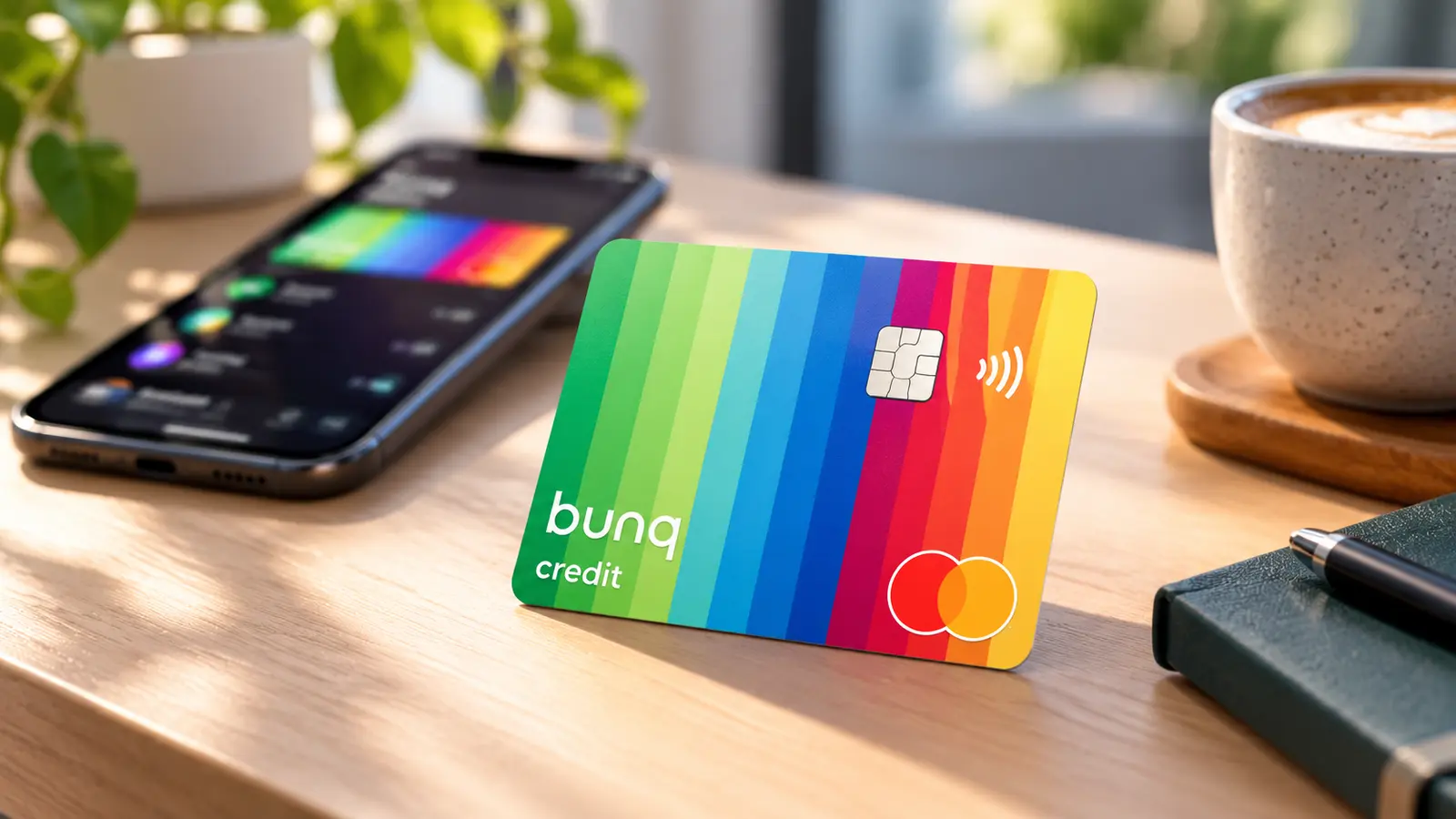 Cartão físico bunq com faixas coloridas sobre uma secretária digital