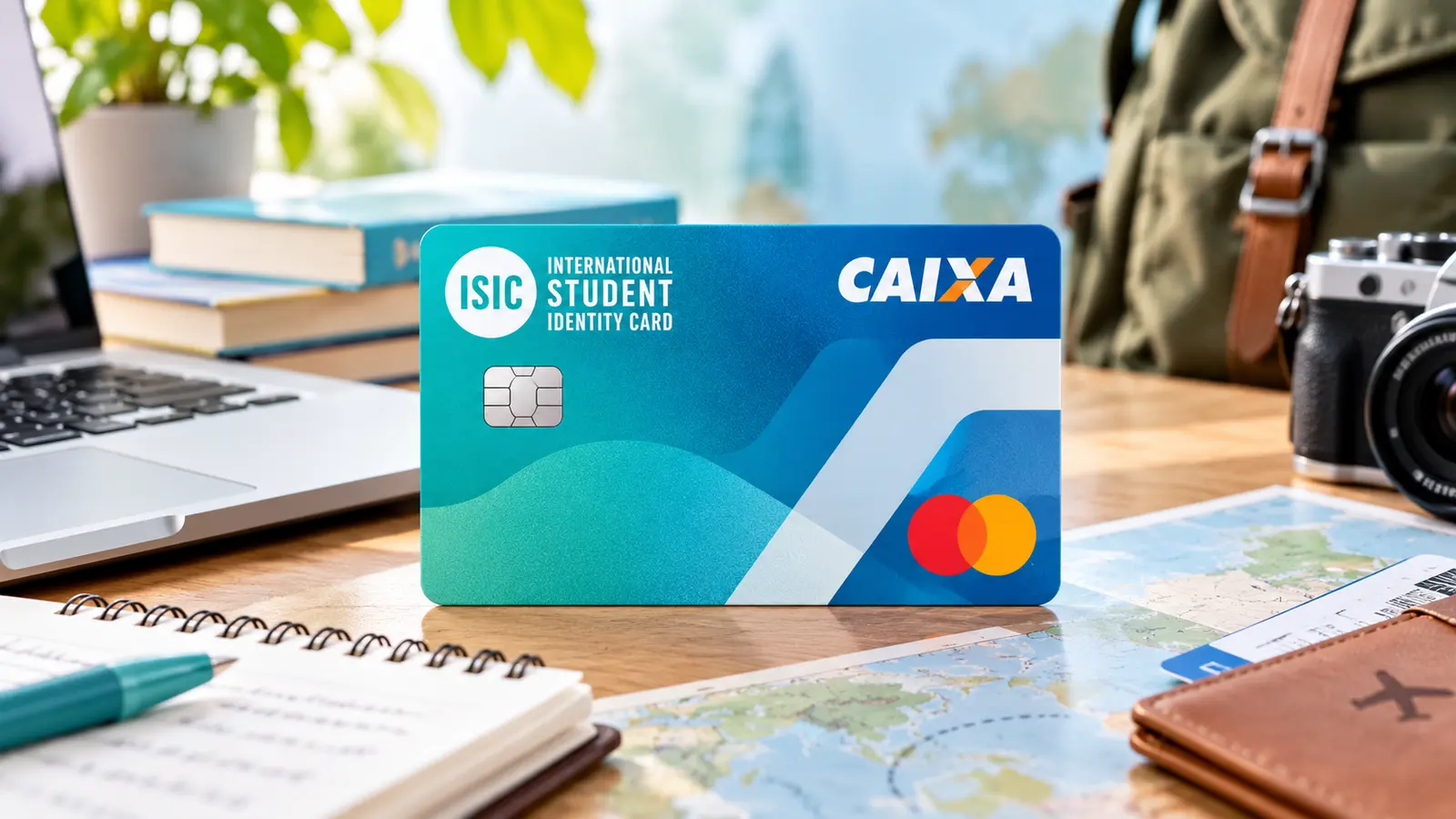 Cartão Caixa ISIC azul e verde sobre uma secretária de estudo e viagem