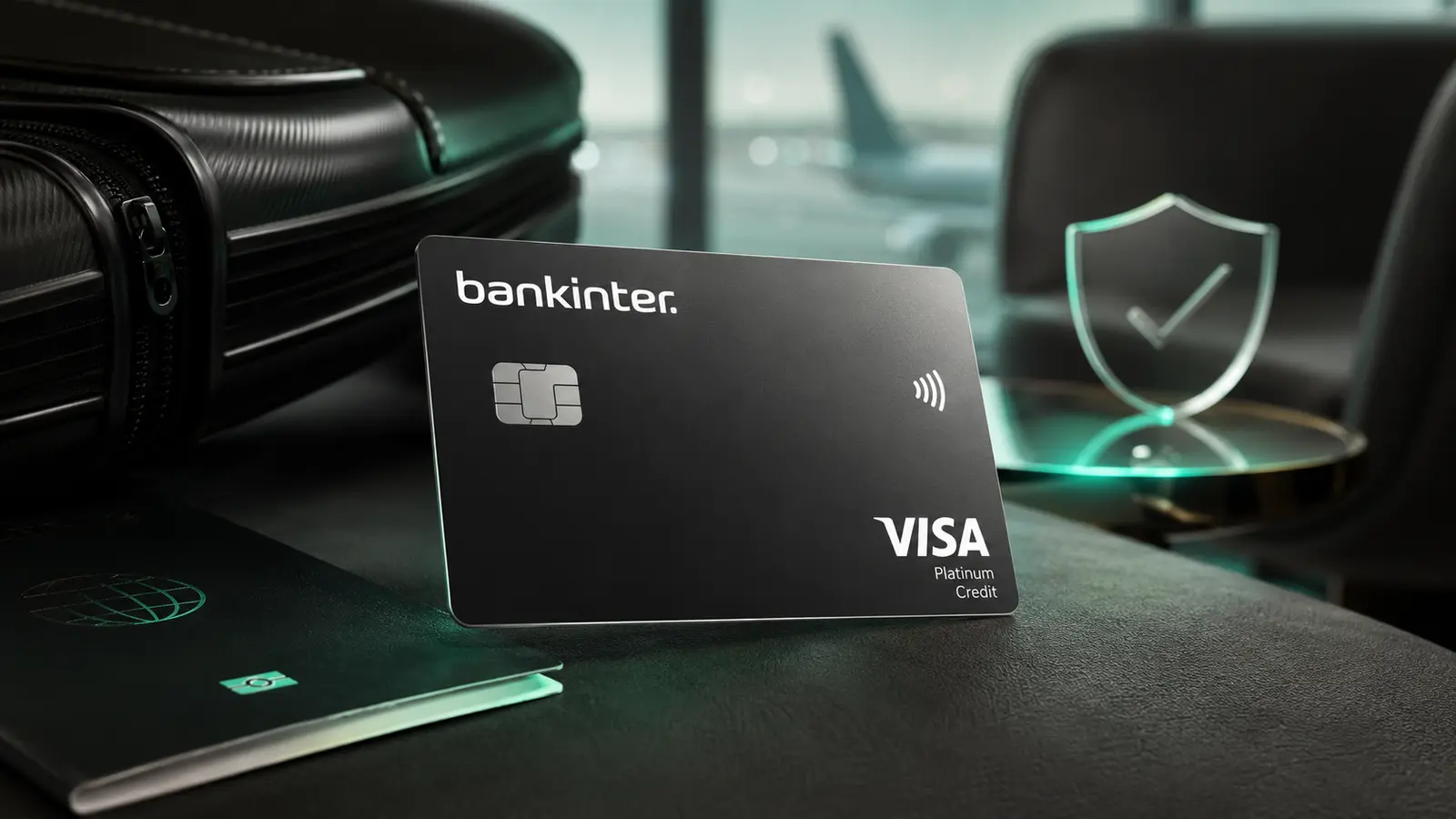Cartão preto Bankinter Visa Platinum junto a uma mala de viagem e um símbolo de proteção
