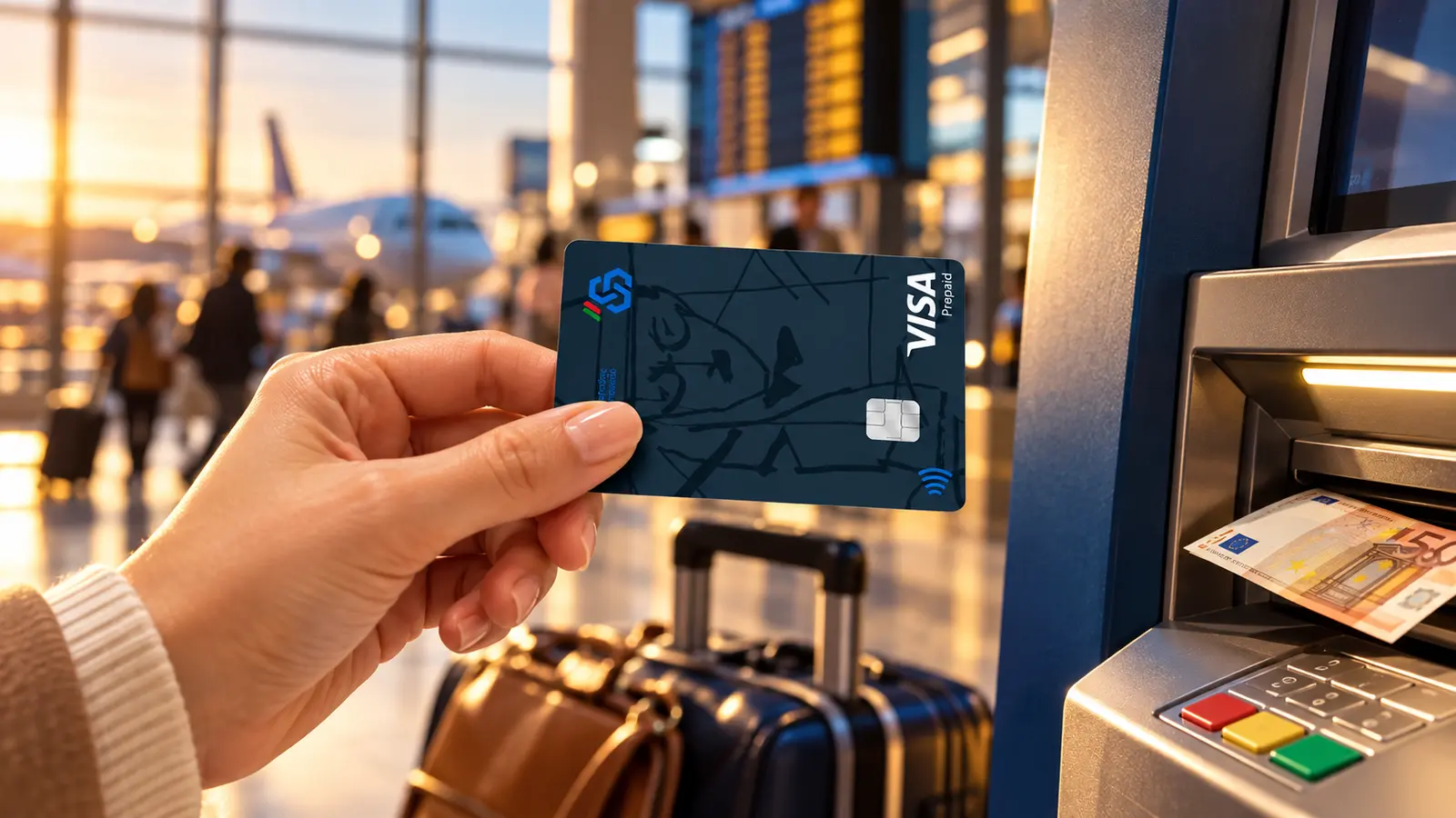 Cartão Caixa Pré-Pago da CGD junto a uma caixa automática num aeroporto