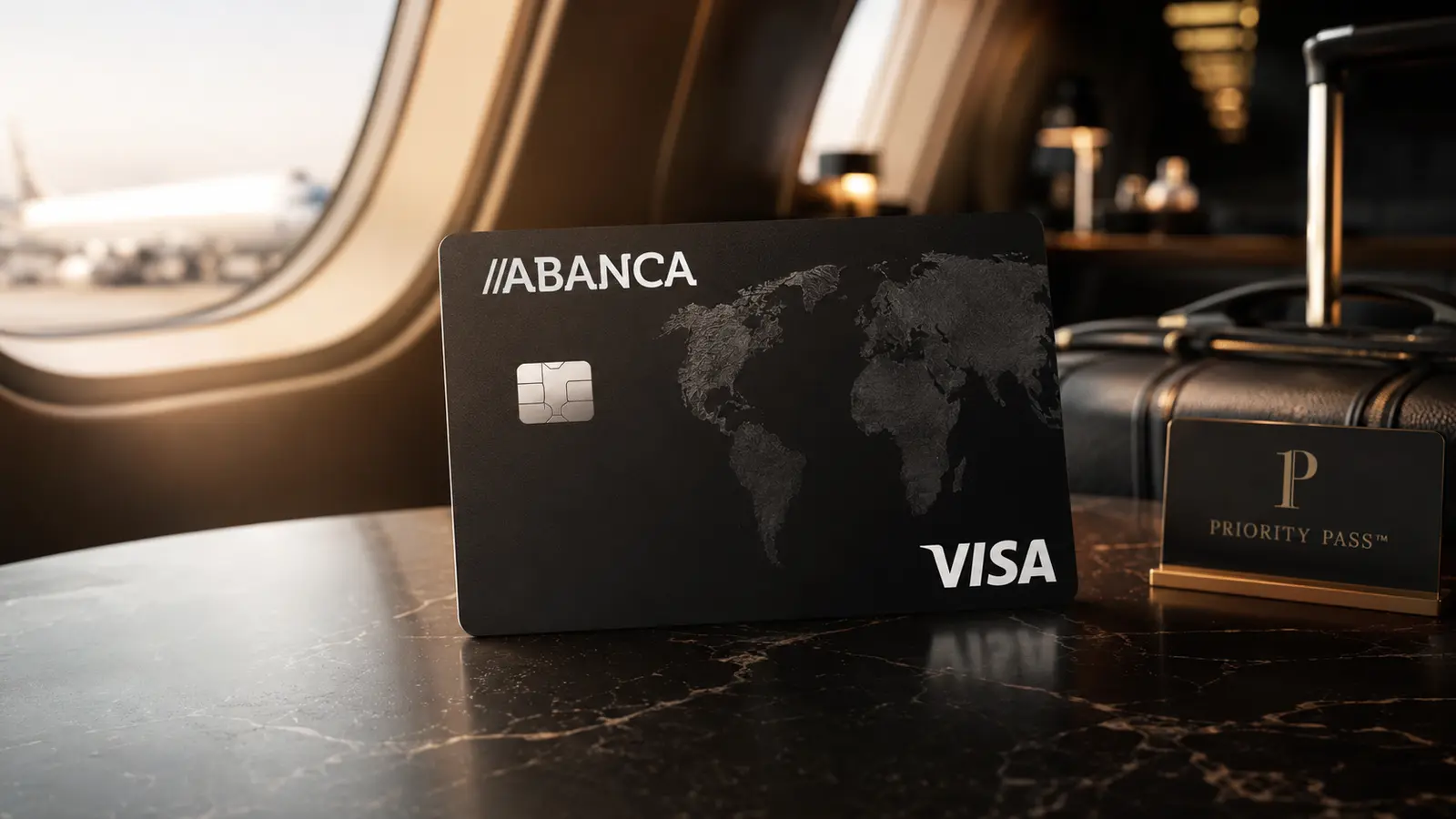 Cartão preto ABANCA Private Visa com mapa-múndi junto a uma mala e acesso Priority Pass