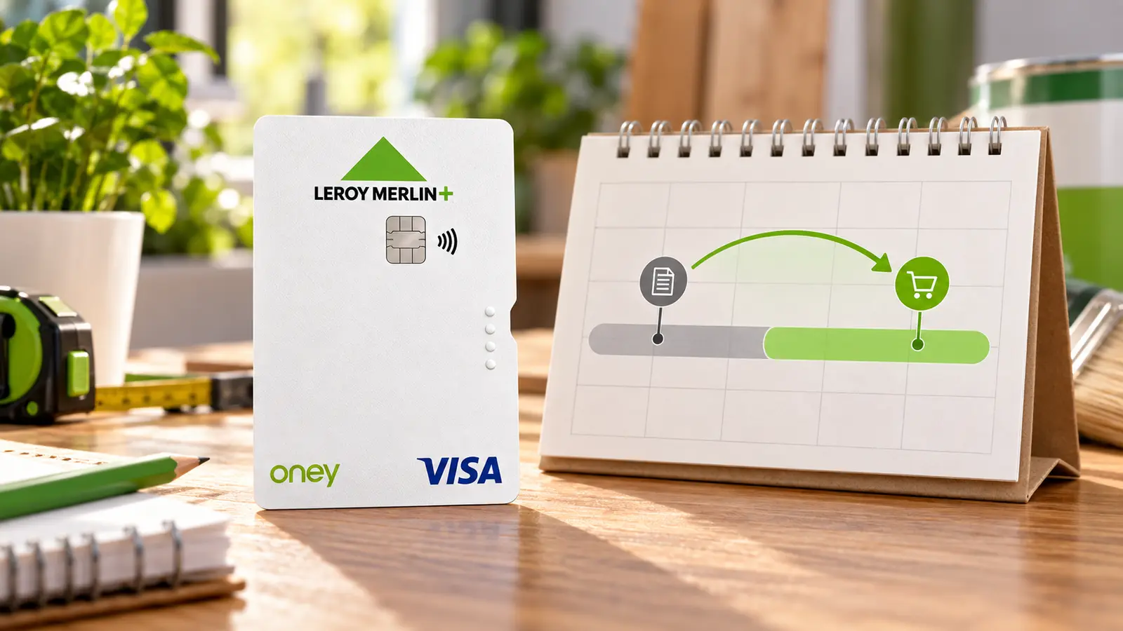 Cartão vertical LEROY MERLIN+ ao lado de um calendário que representa o ciclo de faturação