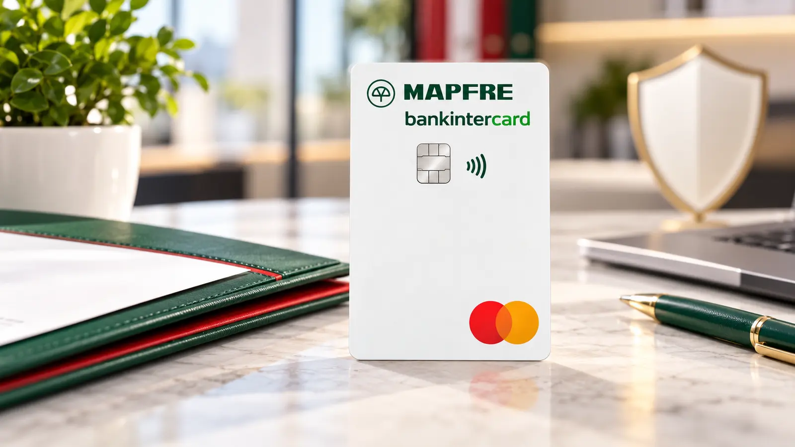 Cartão vertical MAPFRE bankintercard sobre uma secretária com pasta de seguros