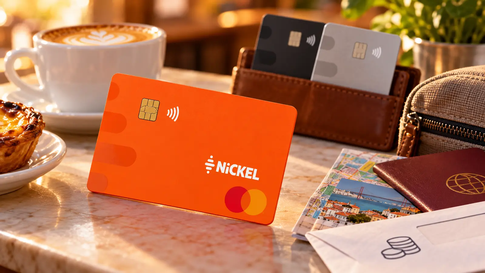 Cartão Nickel Classic num café com carteira, mapa e elementos de viagem