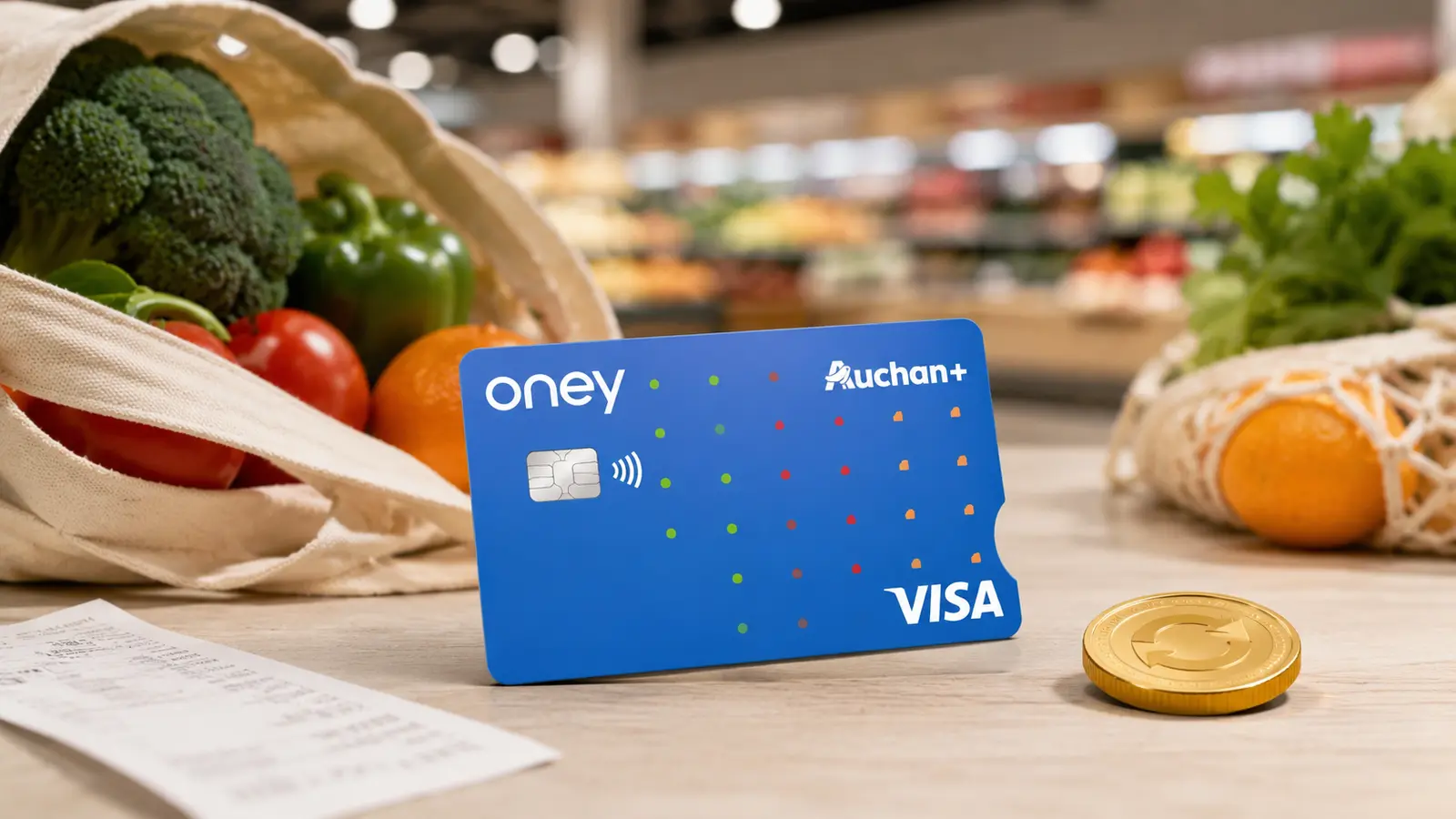 Cartão azul Oney Auchan+ Visa junto a compras de supermercado, talão e símbolo de cashback