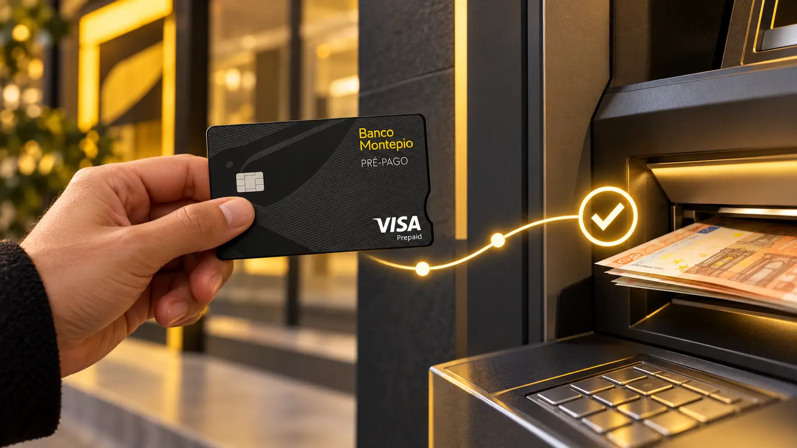 Cartão Pré-Pago Banco Montepio diante de uma caixa automática com notas