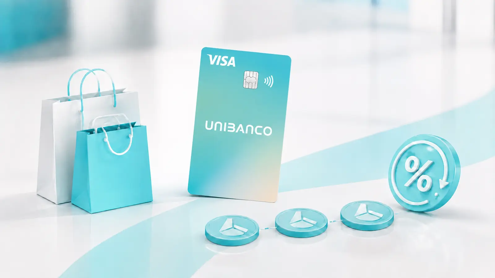 Cartão de crédito UNIBANCO em orientação vertical, junto de sacos de compras, moedas e símbolo de desconto