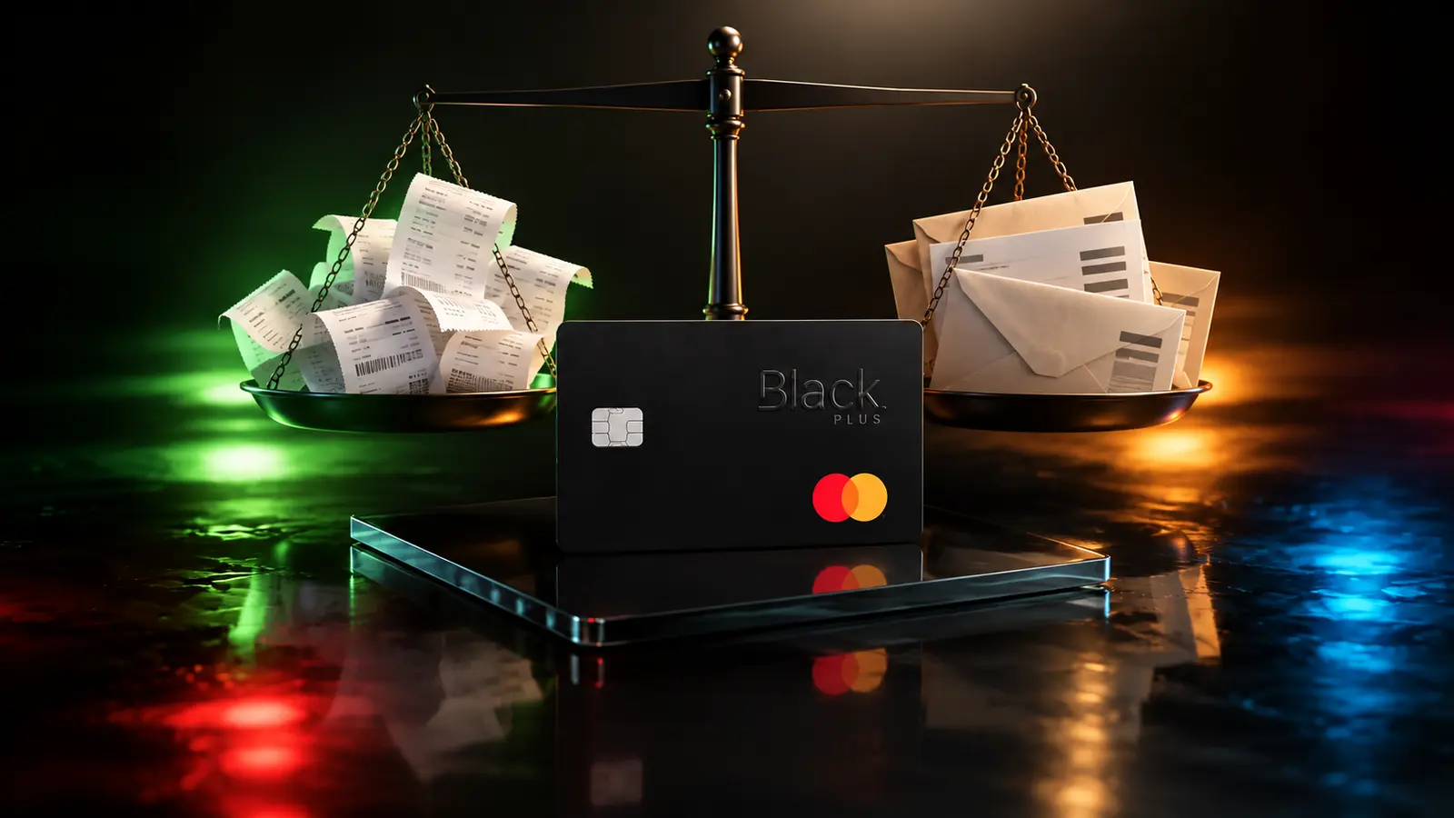 Cartão Cetelem Black Plus diante de uma balança com recibos e envelopes