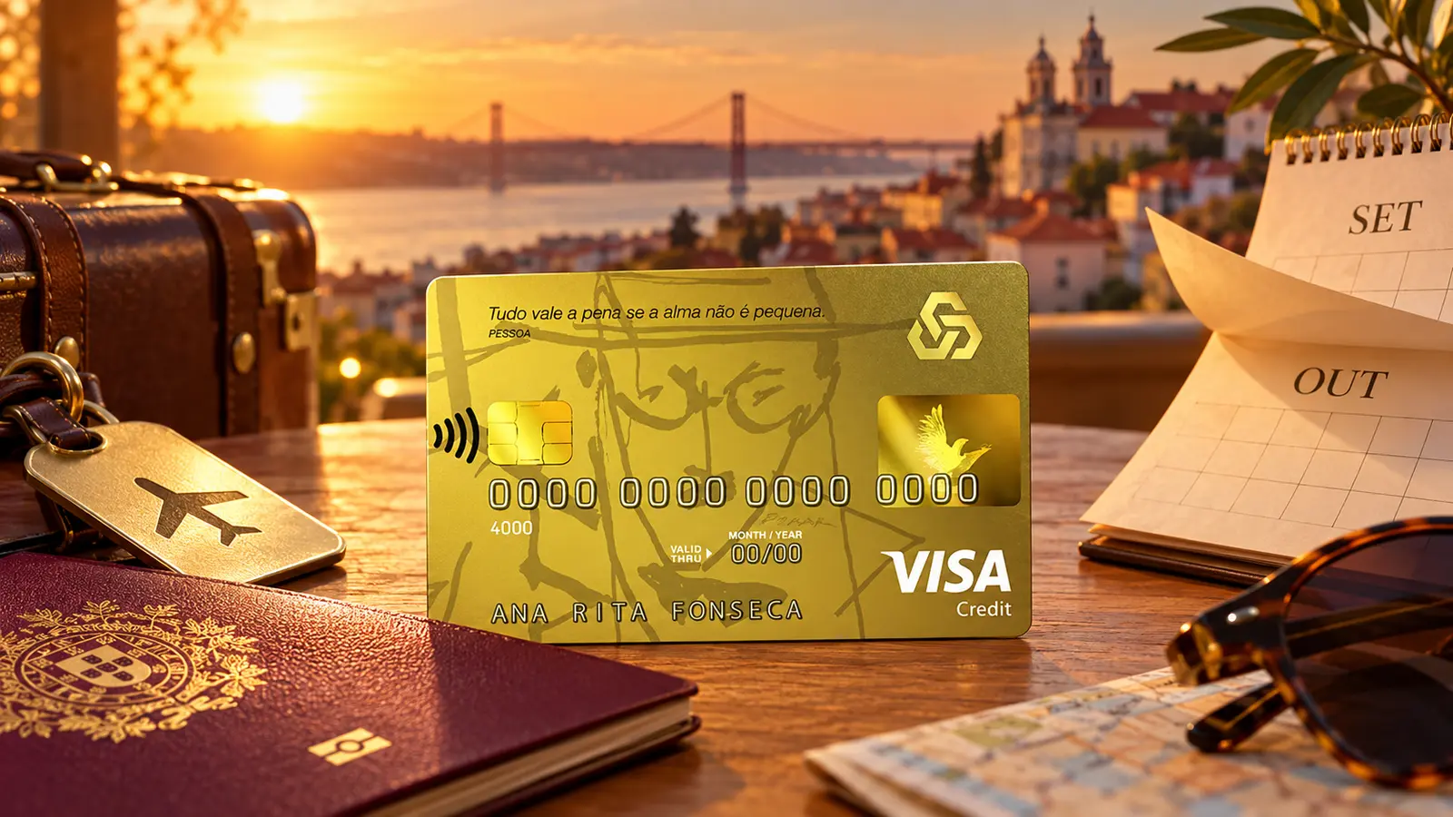 Cartão dourado Caixa Gold da CGD num cenário de viagem com calendário entre setembro e outubro