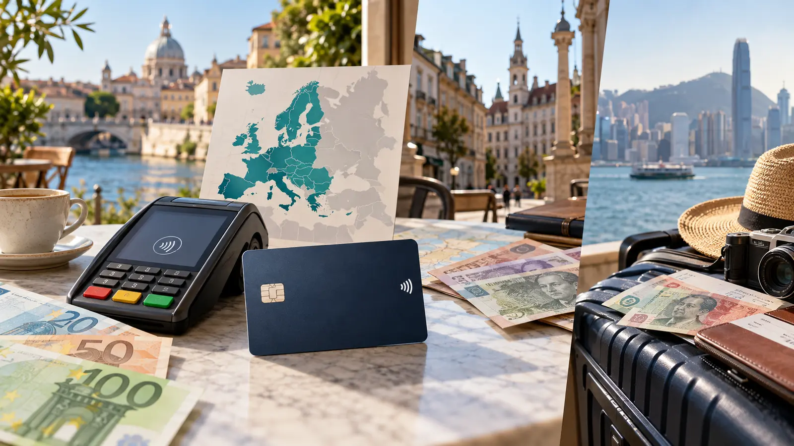 Cartão de pagamento junto a terminal, mapa europeu e notas em várias moedas