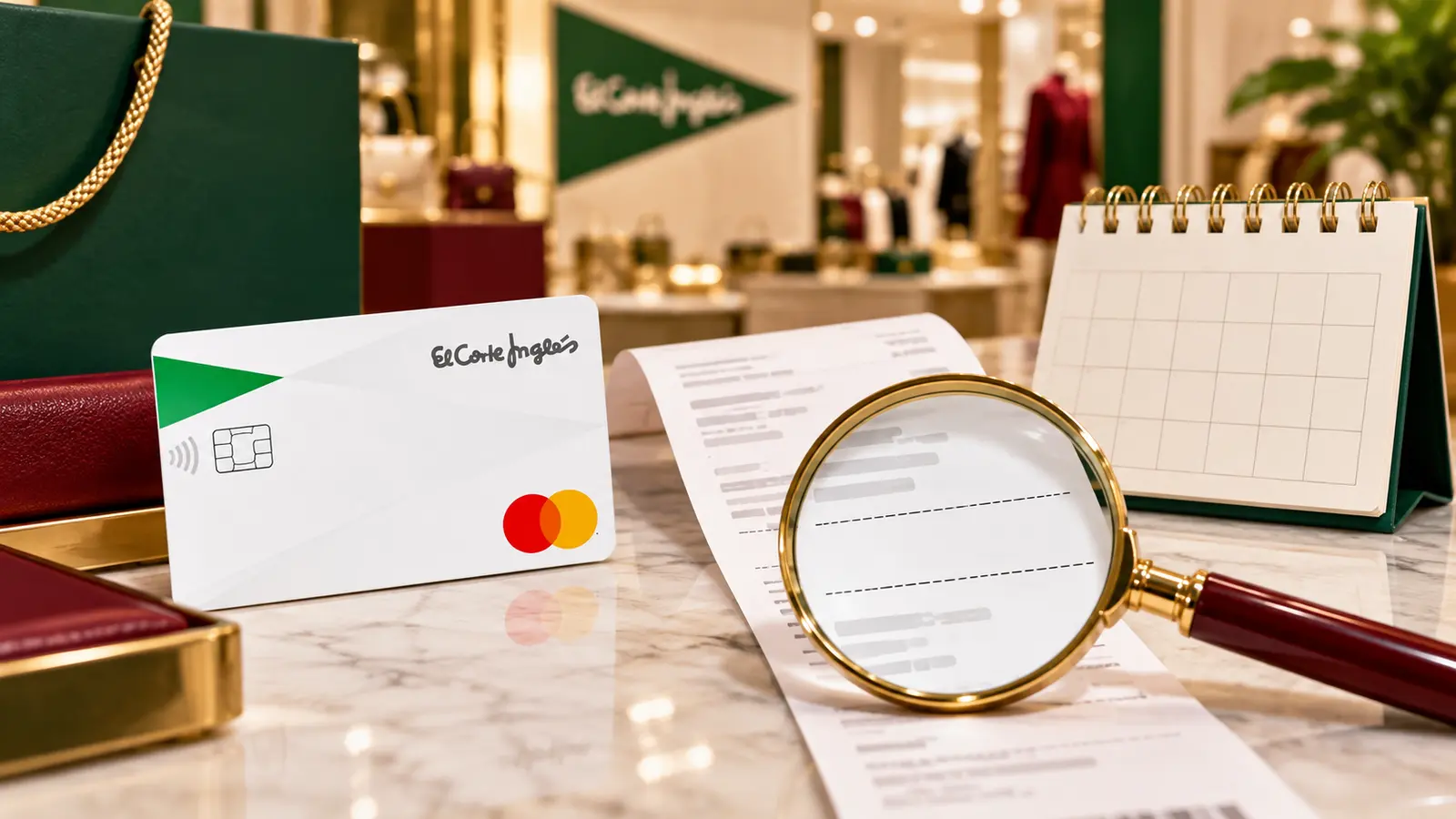 Cartão El Corte Inglés junto a talão, lupa e calendário de prestações