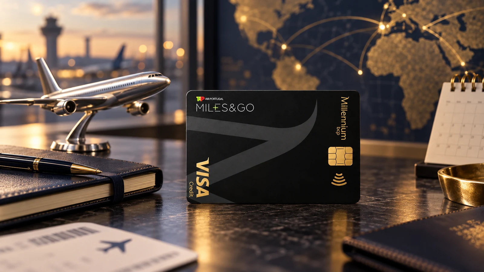 Cartão TAP Miles&Go preto junto a uma miniatura de avião, caderno e calendário, com mapa de rotas ao fundo.
