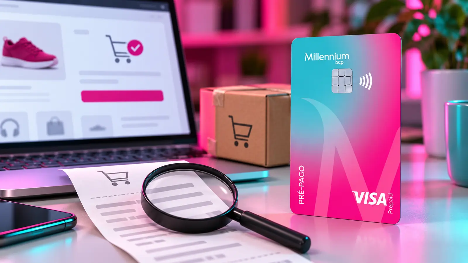 Cartão vertical Pré-pago Millennium BCP Visa junto a uma compra online e um extrato analisado
