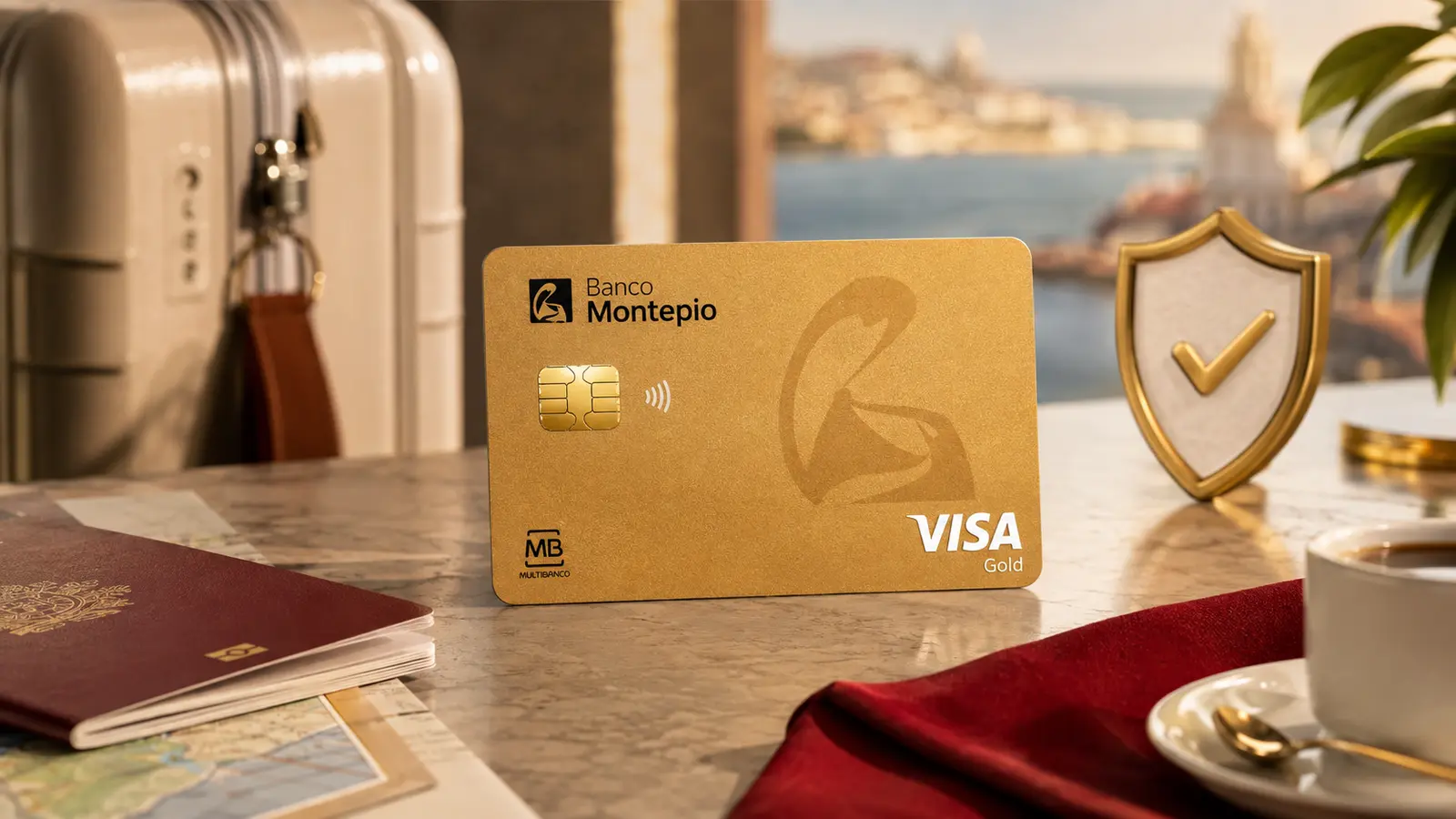 Cartão Gold Banco Montepio dourado num cenário de viagem com mala e símbolo de proteção