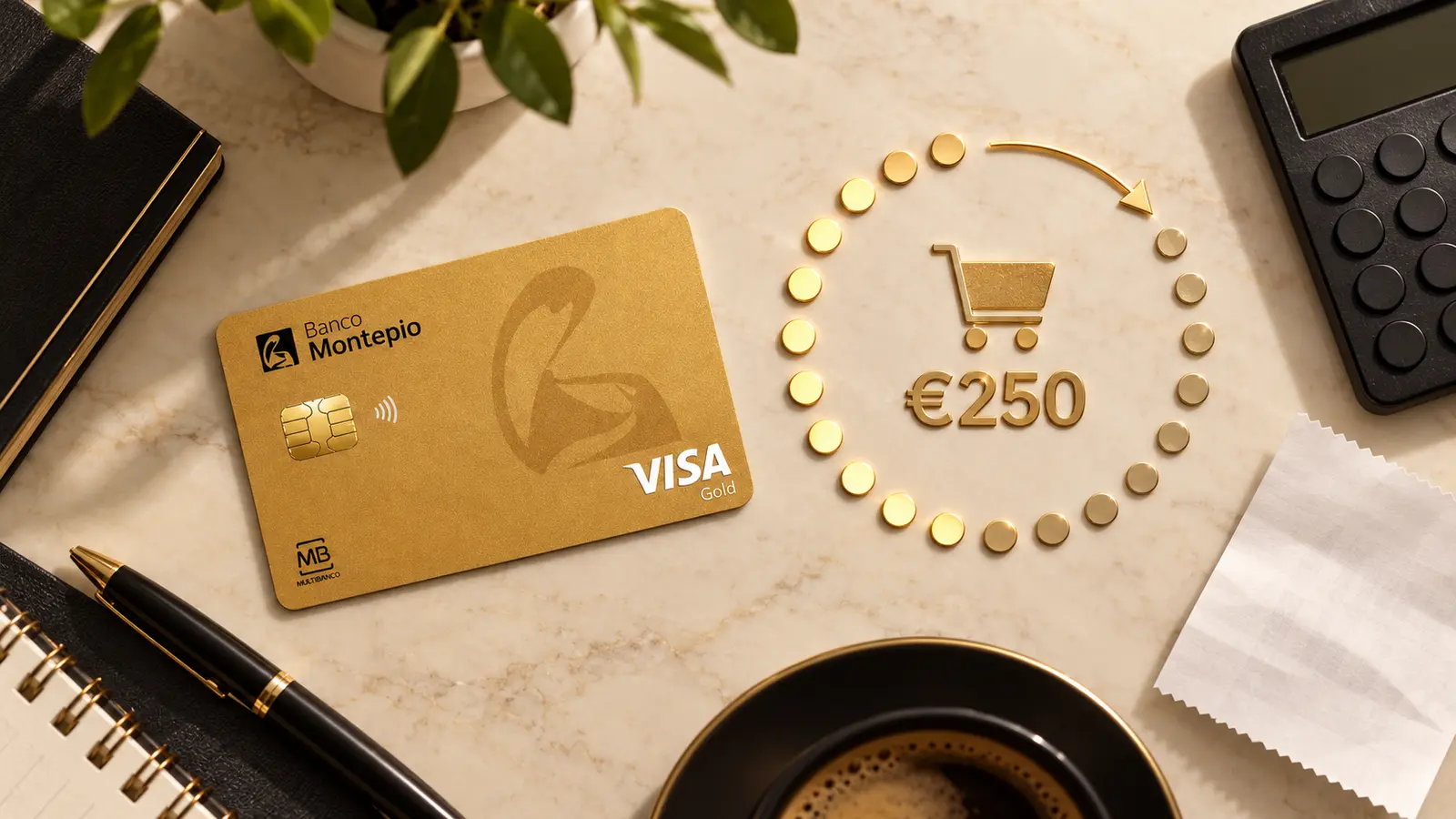 Cartão Gold Banco Montepio numa mesa com marcadores em círculo, calculadora e o valor de 250 euros
