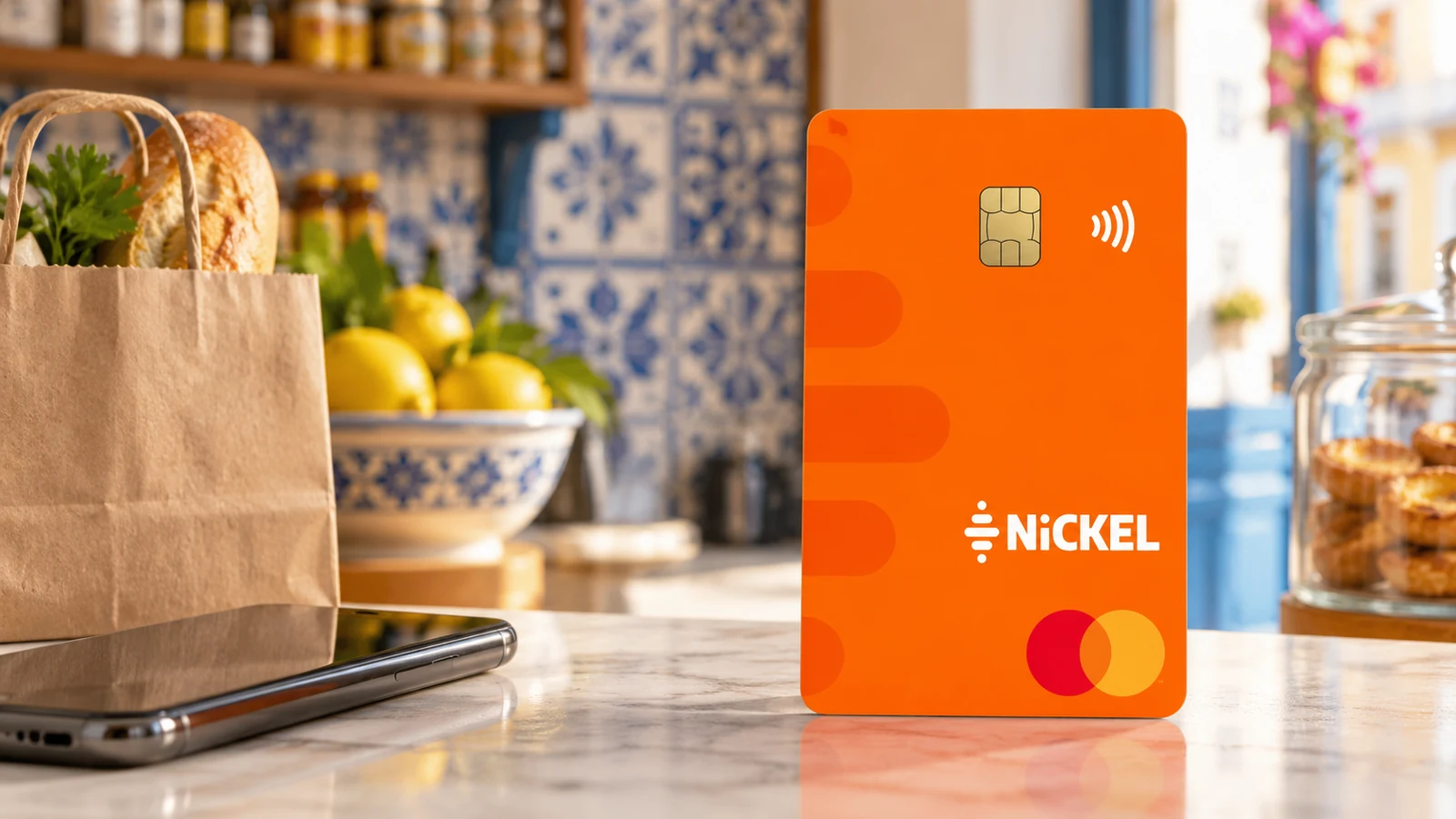 Cartão Nickel Classic laranja num balcão de comércio, com azulejos portugueses e um saco de papel ao fundo.