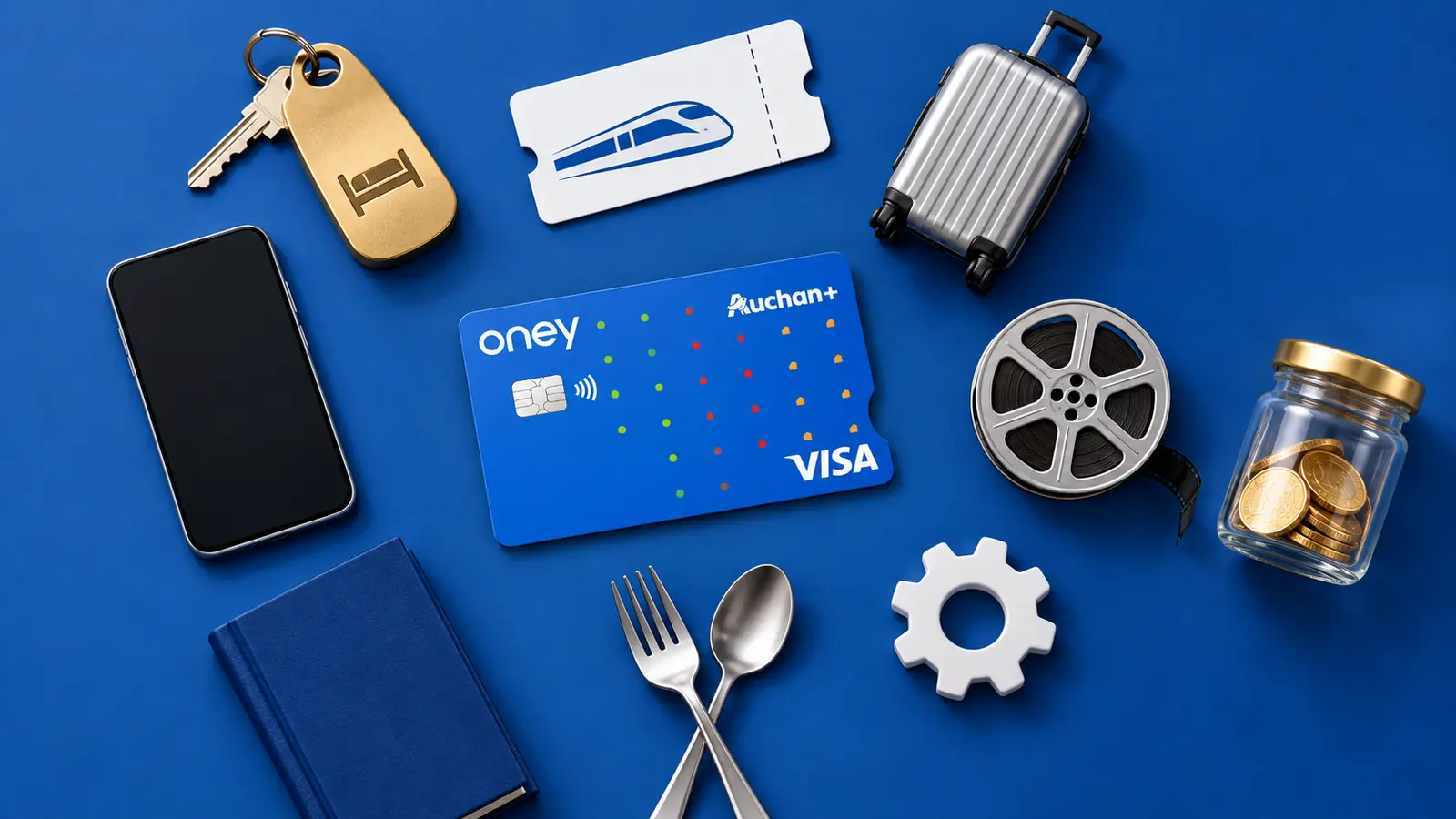 Cartão Oney Auchan+ azul rodeado por objetos que representam viagens, transportes, restauração, educação e serviços