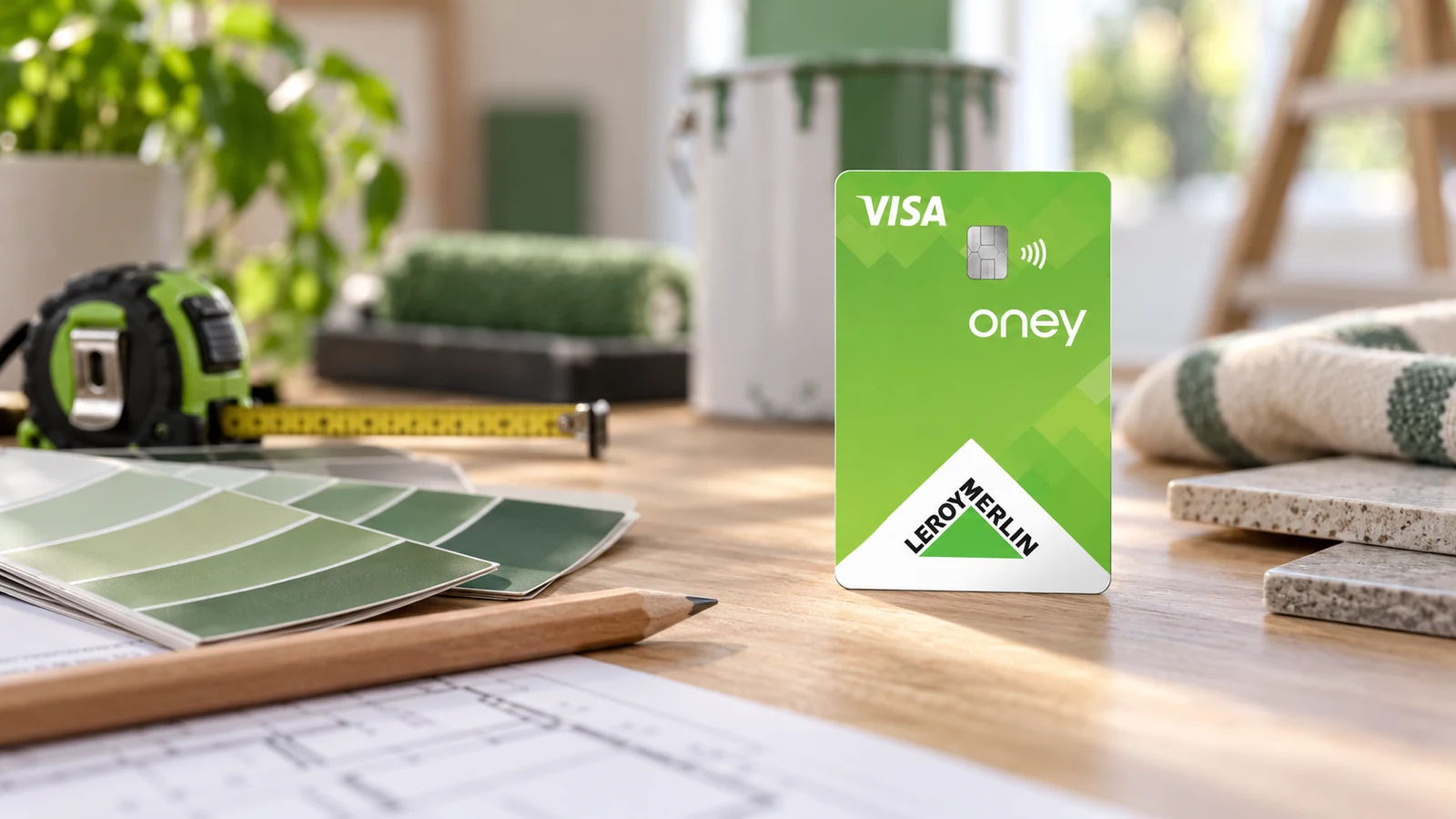 Cartão verde Leroy Merlin+ Oney sobre uma mesa com amostras de materiais e utensílios para planear obras.