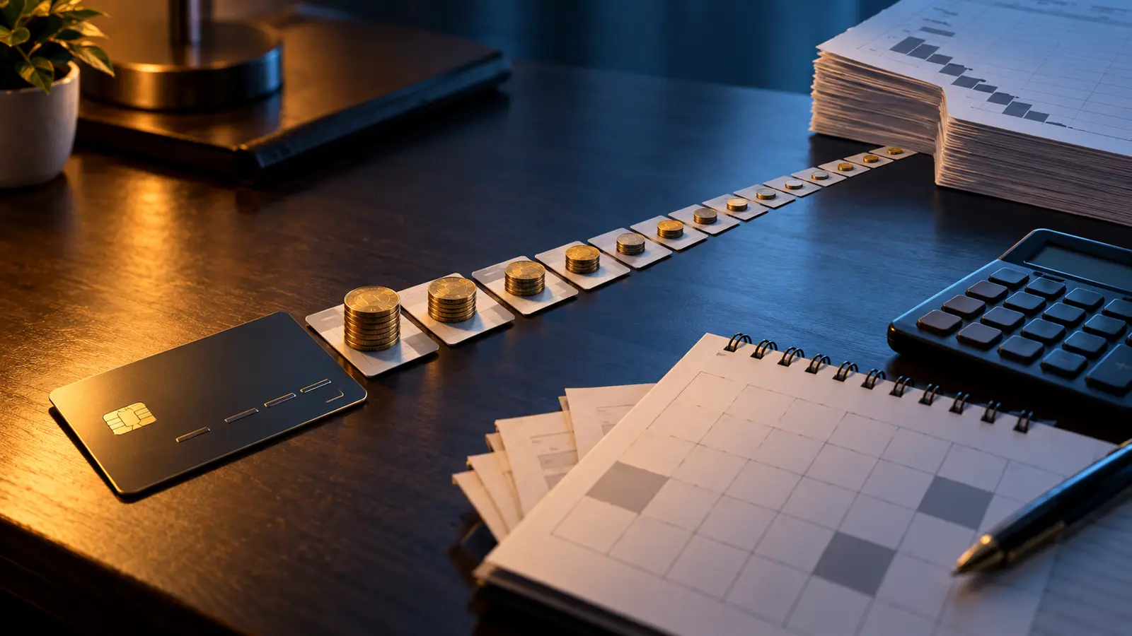 Cartão sem marca ao lado de uma sequência longa de pagamentos, calendário e calculadora