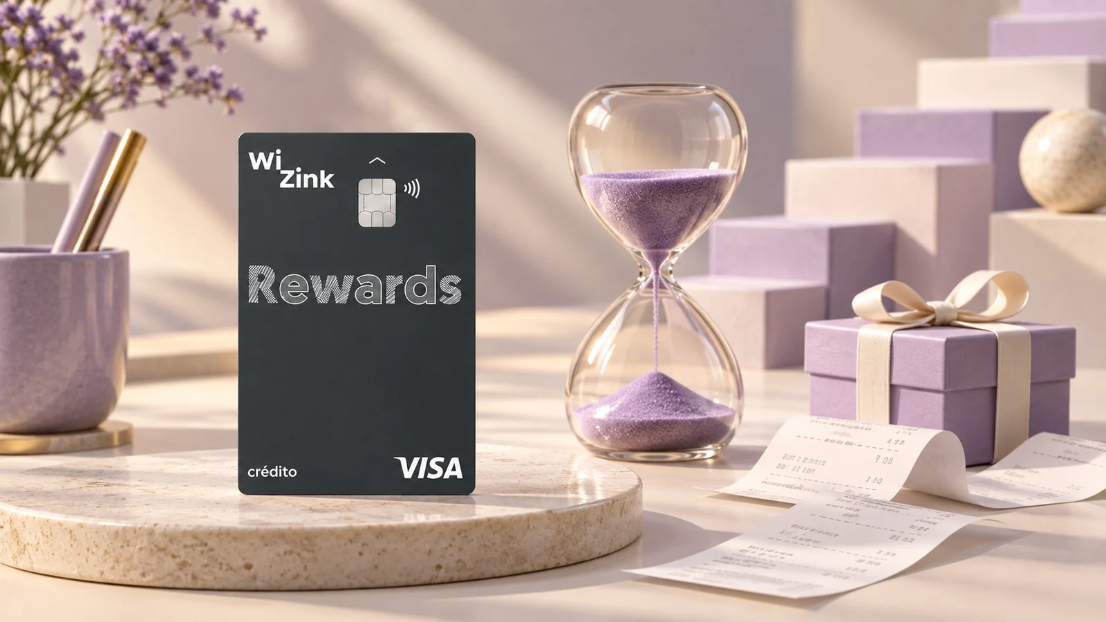Cartão WiZink Rewards cinzento ao lado de uma ampulheta, caixa de presente e talões de compras num cenário lilás.