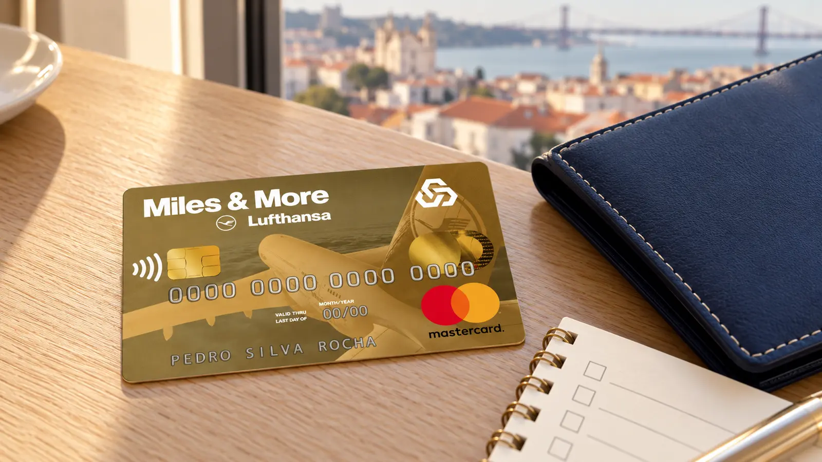 Cartão dourado Miles & More Gold da Caixa Geral de Depósitos junto a uma carteira de viagem.