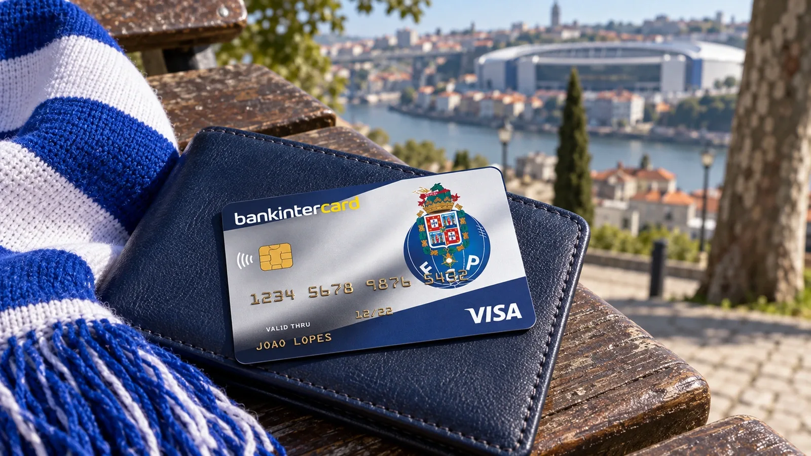 Cartão FC Porto bankintercard sobre um cachecol azul e branco junto a uma carteira.