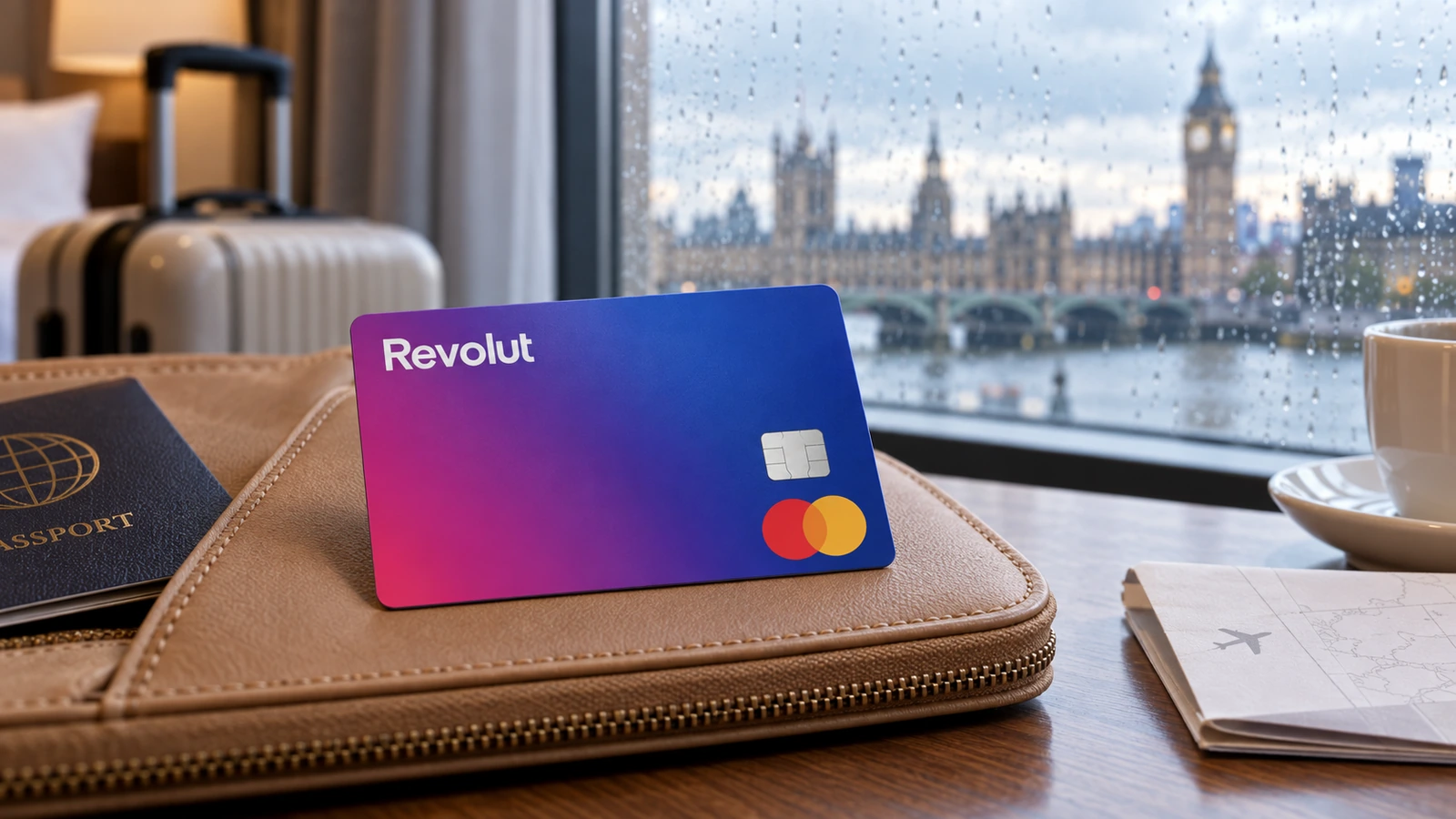 Cartão Revolut Standard sobre um organizador de viagem, com Londres ao fundo.