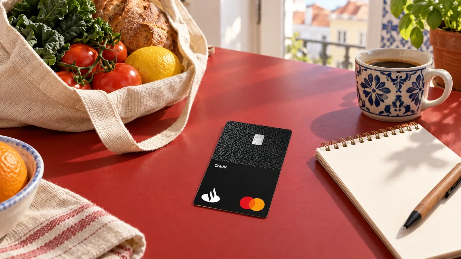 Cartão de Crédito Santander junto a compras do quotidiano e a um caderno de despesas.