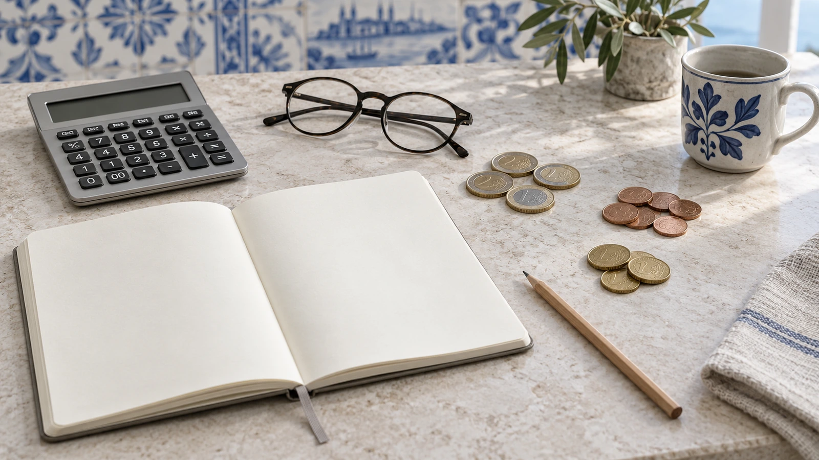 Calculadora, óculos e moedas de euro junto a um caderno aberto sobre uma mesa de pedra.