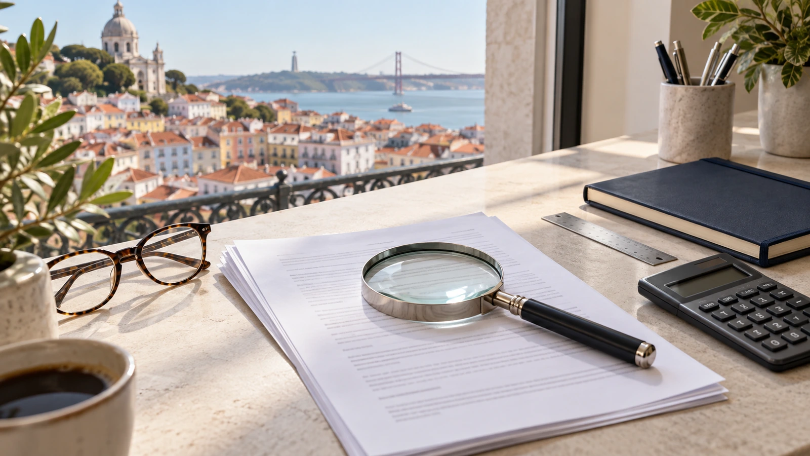 Lupa sobre documentos, com calculadora e caderno junto a uma janela com vista para Lisboa.
