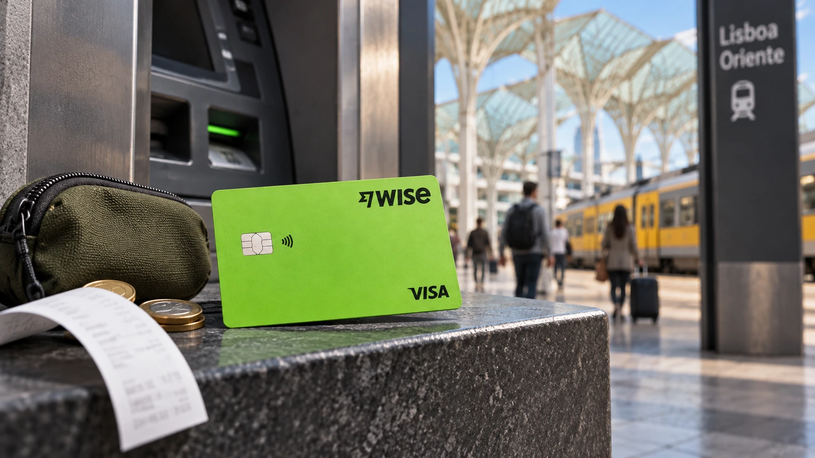 Cartão Wise junto a uma carteira de viagem e a um talão de levantamento sem valores visíveis.