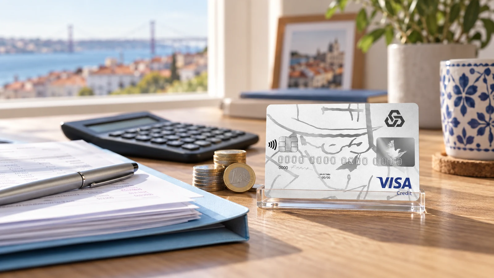 Cartão Caixa Classic branco sobre um suporte transparente, junto a documentos de rendimentos, calculadora e moedas de euro.