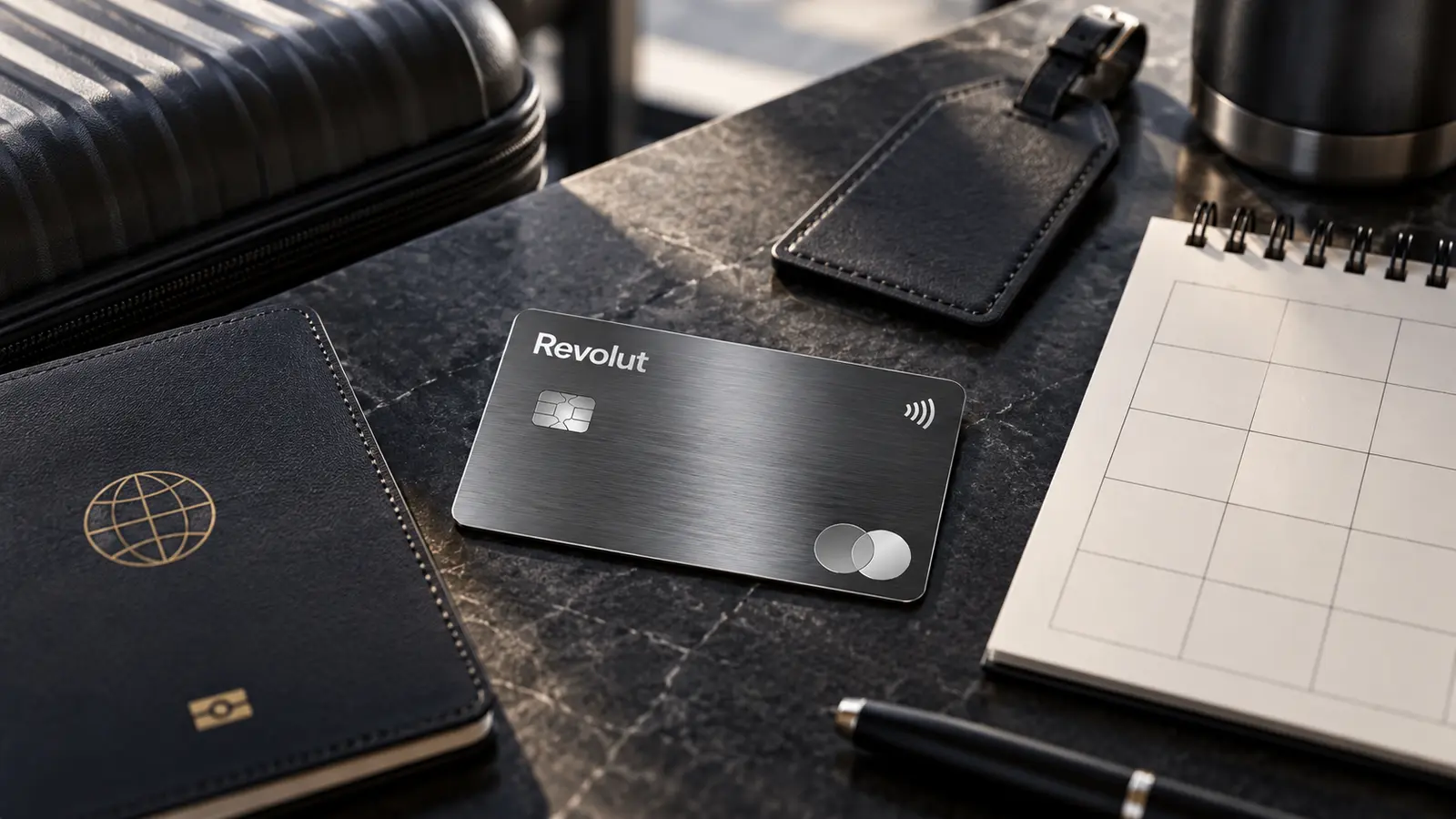 Cartão Revolut Metal numa secretária de viagem com calendário e bagagem