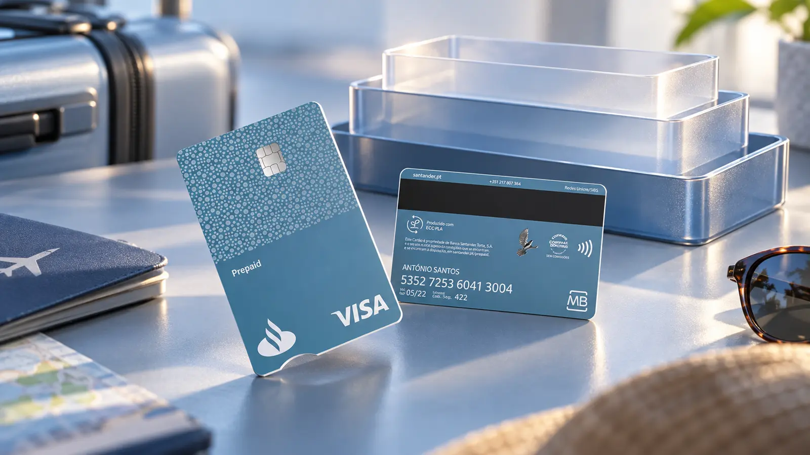 Frente e verso do cartão azul Pré-Pago Santander Personalizado num cenário de viagem