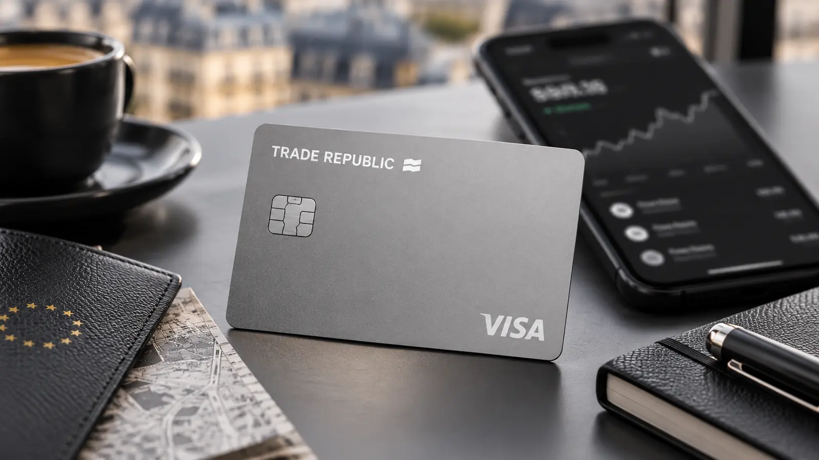 Cartão Trade Republic cinzento junto a um telemóvel com uma aplicação de investimento